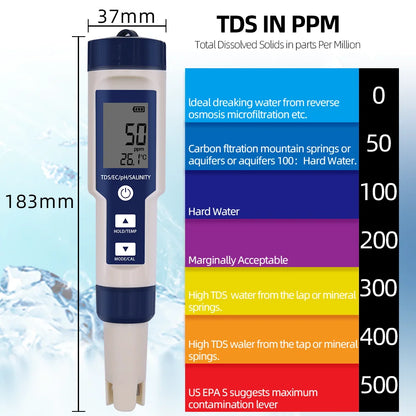 5 in 1 PH Meter Water Quality Tester Digital TDS EC PH Salinity Temperature Meter for Pools Aquariums Water With Backlight