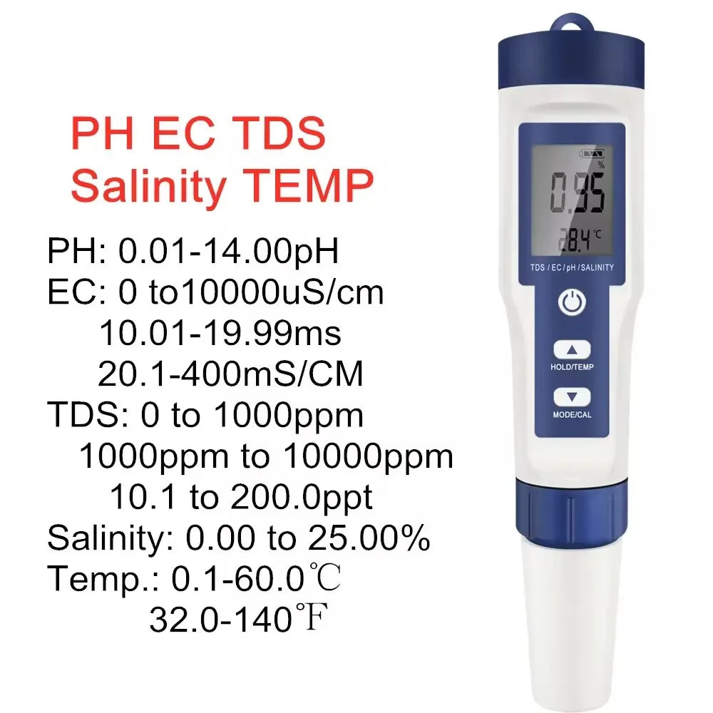 5 in 1 PH Meter Water Quality Tester Digital TDS EC PH Salinity Temperature Meter for Pools Aquariums Water With Backlight