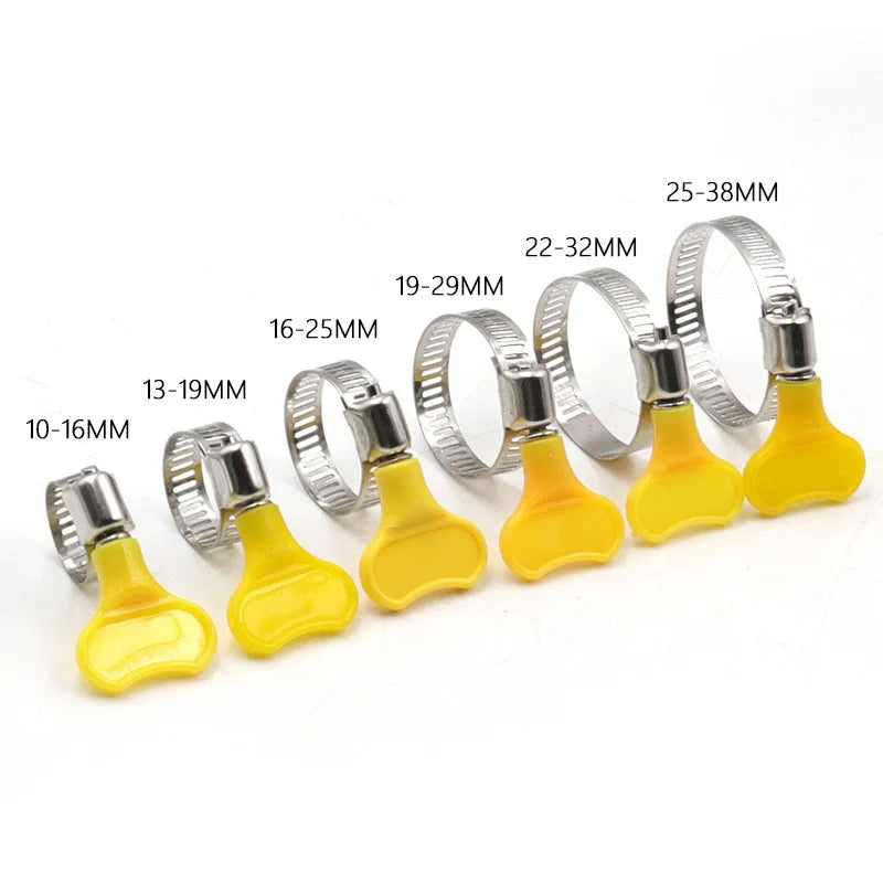 5 pcs 8-44mm Adjustable Yellow Plastic Handle Hand Twist Hose Clamps Worm Driving 201 Stainless steel Pipe Clips For Tube Leedoar