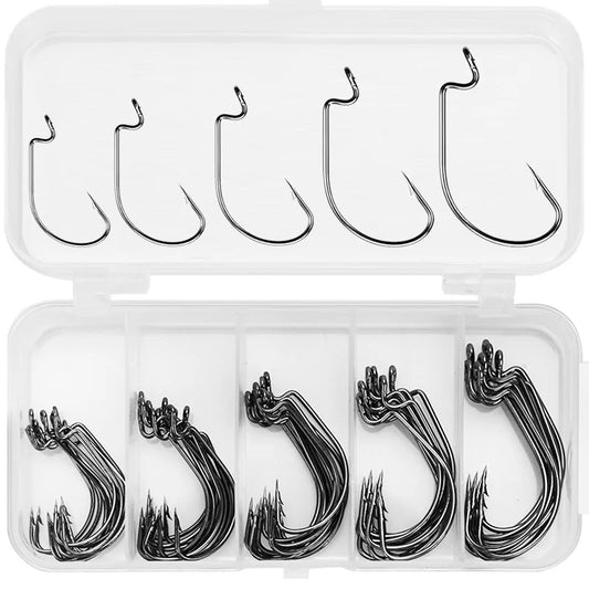 50Pcs Box Fishing Hooks Set Jig Crank Farpado Gancho Alto Carbono Aço Inoxidável Wide Gap Offset Fishhook Soft Worm Sea Hook Tackle