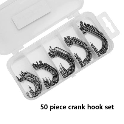 50Pcs Box Fishing Hooks Set Jig Crank Barbed Hook High Carbon Stainless Steel Wide Gap Offset Fishhook Soft Worm Sea Hook Tackle Leedoar