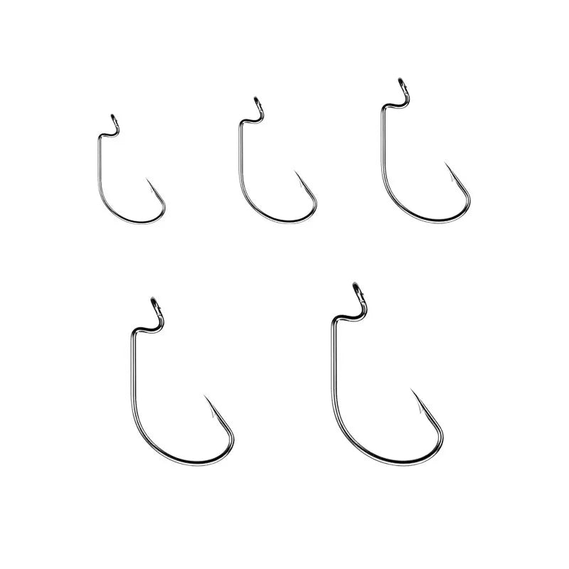 50Pcs Box Fishing Hooks Set Jig Crank Barbed Hook High Carbon Stainless Steel Wide Gap Offset Fishhook Soft Worm Sea Hook Tackle Leedoar