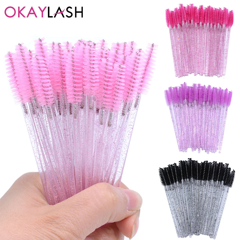 50Pcs Disposable Micro Glitter Eyelash Mascara Wands Mini Crystal Eye Lashes Brush Comb Eyebrow Spoolies Makeup Beauty Tools Leedoar