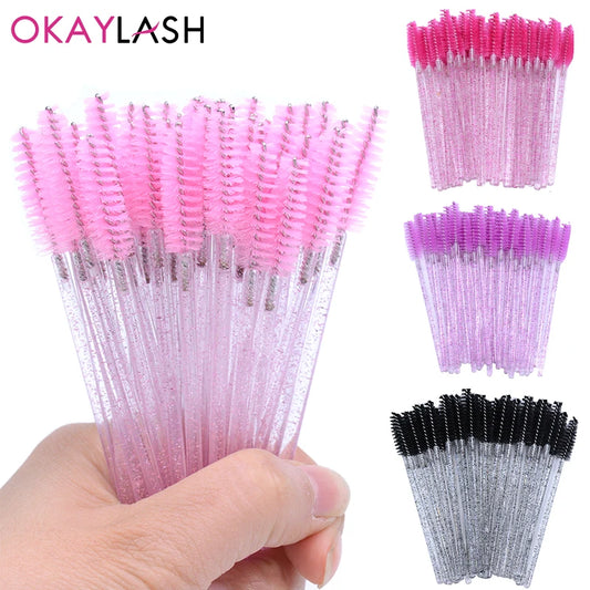 50Pcs Descartáveis ​​Micro Glitter Eyelash Mascara Wands Mini Crystal Eye Lashes Brush Pente Sobrancelha Spoolies Maquiagem Ferramentas de Beleza 