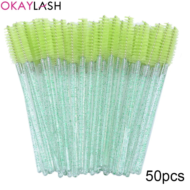 50Pcs Disposable Micro Glitter Eyelash Mascara Wands Mini Crystal Eye Lashes Brush Comb Eyebrow Spoolies Makeup Beauty Tools Leedoar