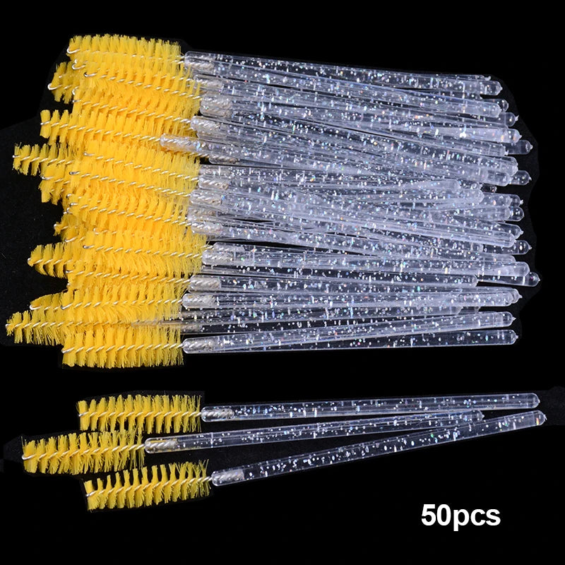 50Pcs Disposable Micro Glitter Eyelash Mascara Wands Mini Crystal Eye Lashes Brush Comb Eyebrow Spoolies Makeup Beauty Tools Leedoar