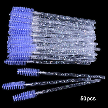 50Pcs Disposable Micro Glitter Eyelash Mascara Wands Mini Crystal Eye Lashes Brush Comb Eyebrow Spoolies Makeup Beauty Tools Leedoar