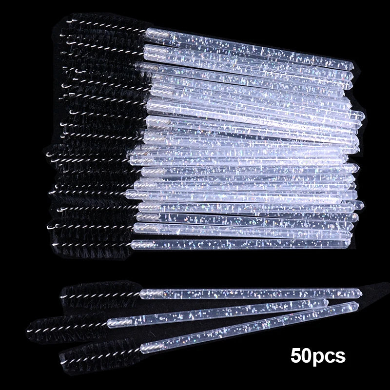 50Pcs Disposable Micro Glitter Eyelash Mascara Wands Mini Crystal Eye Lashes Brush Comb Eyebrow Spoolies Makeup Beauty Tools Leedoar