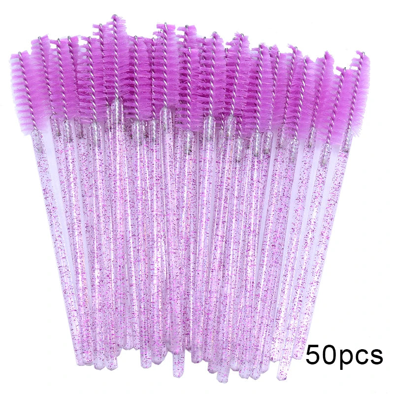 50Pcs Disposable Micro Glitter Eyelash Mascara Wands Mini Crystal Eye Lashes Brush Comb Eyebrow Spoolies Makeup Beauty Tools Leedoar