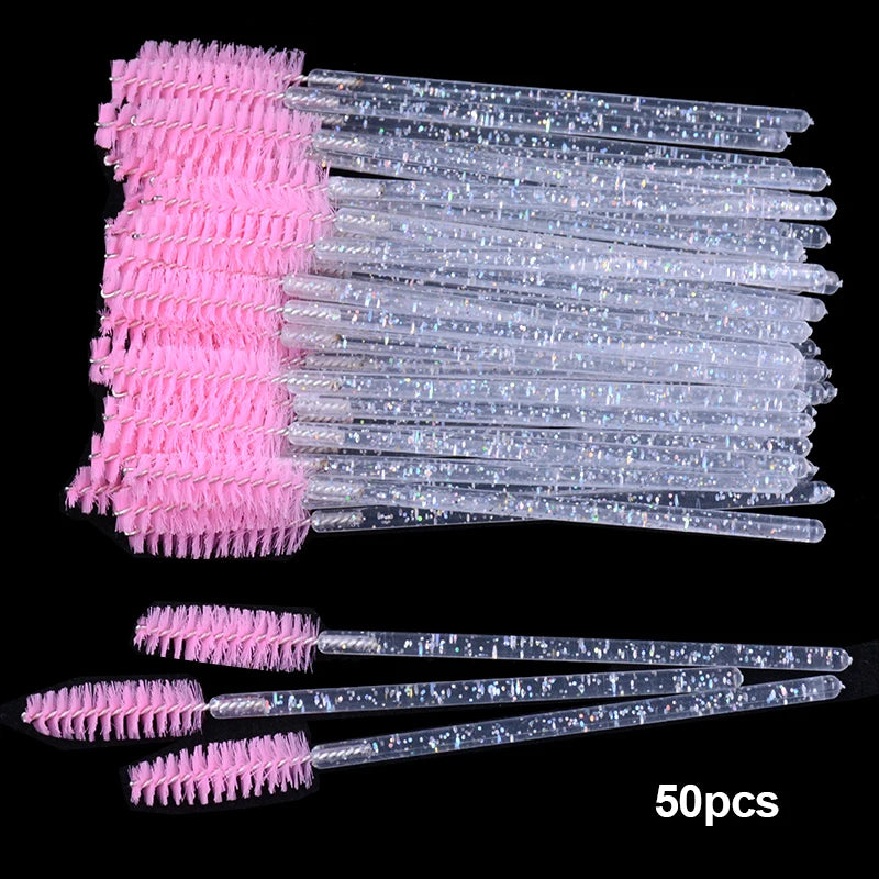 50Pcs Disposable Micro Glitter Eyelash Mascara Wands Mini Crystal Eye Lashes Brush Comb Eyebrow Spoolies Makeup Beauty Tools Leedoar