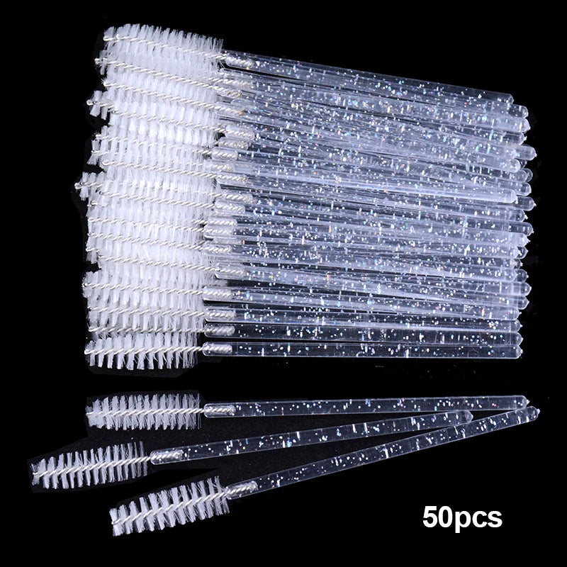 50Pcs Disposable Micro Glitter Eyelash Mascara Wands Mini Crystal Eye Lashes Brush Comb Eyebrow Spoolies Makeup Beauty Tools Leedoar