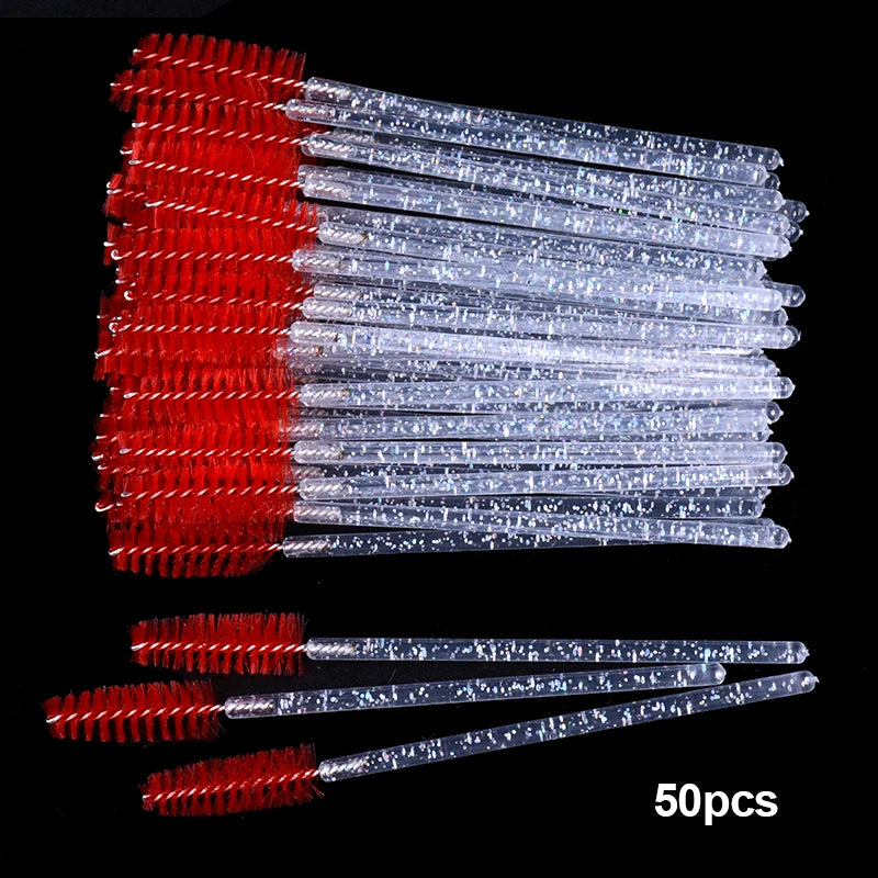 50Pcs Disposable Micro Glitter Eyelash Mascara Wands Mini Crystal Eye Lashes Brush Comb Eyebrow Spoolies Makeup Beauty Tools Leedoar