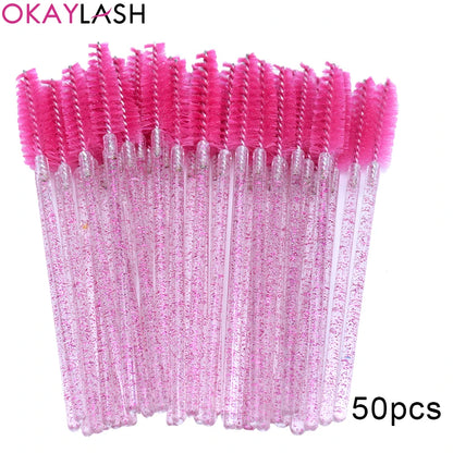 50Pcs Disposable Micro Glitter Eyelash Mascara Wands Mini Crystal Eye Lashes Brush Comb Eyebrow Spoolies Makeup Beauty Tools Leedoar