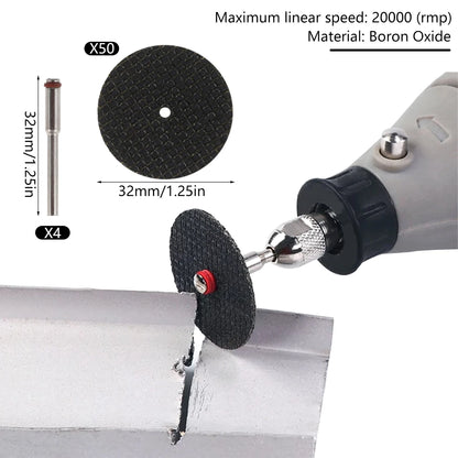 50Pcs Fiberglass Tool Abrasive 32mm Cutting Disc +4Pcs Mandrels Rotary for Dremel Accesories Metal Cutting Rotary Tool Saw Blade Leedoar