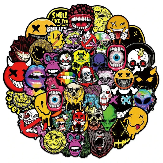 50Pcs Pop Horror Skull Adesivos Legais Desenhos Animados Graffiti Decalques Guitarra Laptop Capacete Motocicleta Skate Adesivo Brinquedos Decoração 