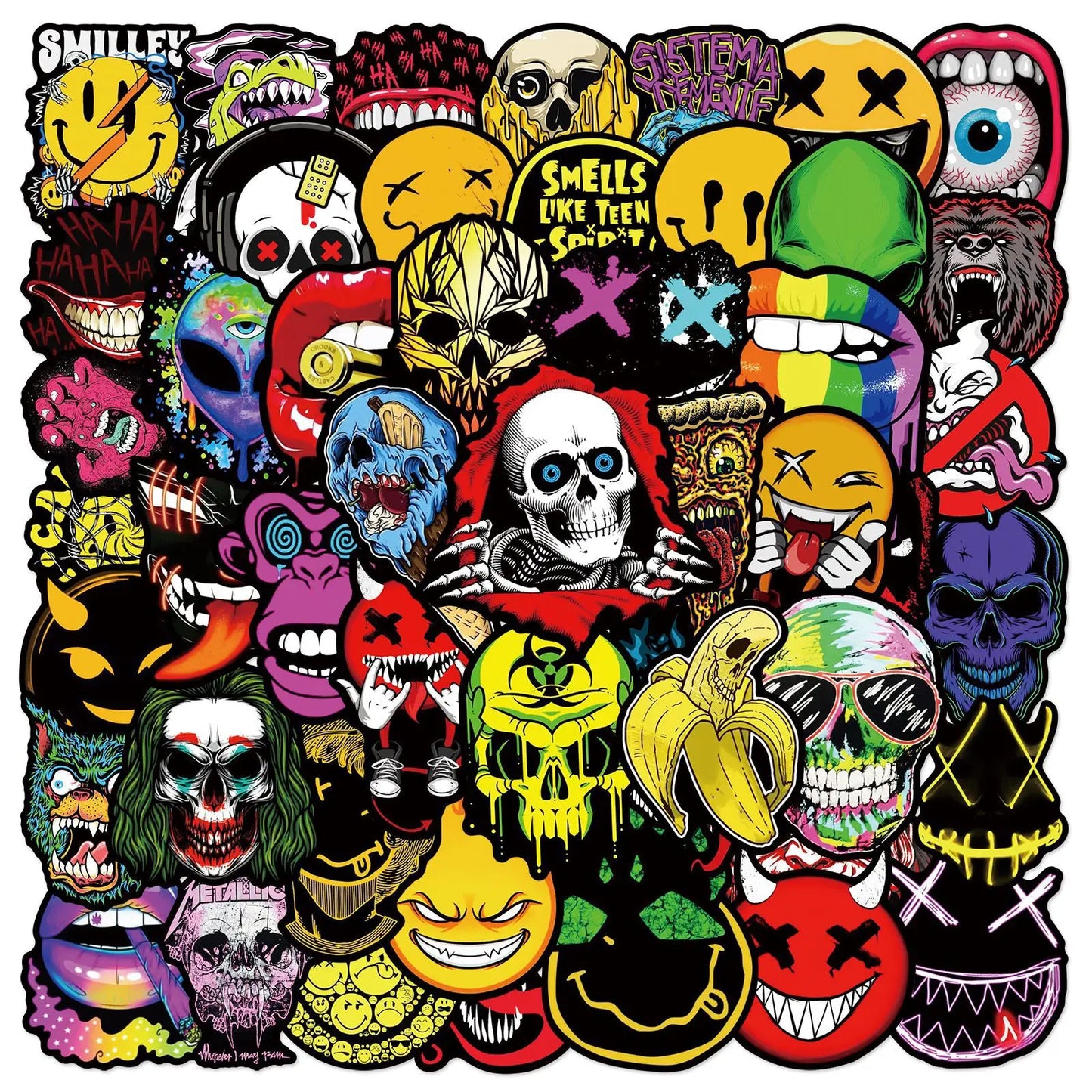 50 pegatinas divertidas de calaveras de terror pop con dibujos de grafitis para guitarra, portátil, casco, motocicleta, patineta, juguetes, decoración 