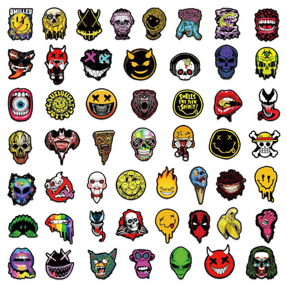 50 pegatinas divertidas de calaveras de terror pop con dibujos de grafitis para guitarra, portátil, casco, motocicleta, patineta, juguetes, decoración 