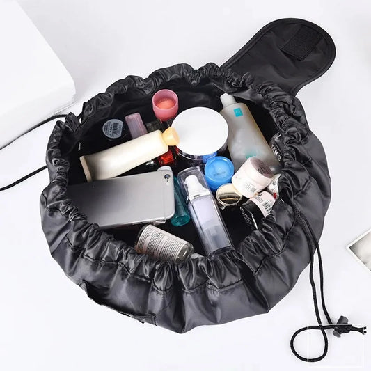 Bolsa de almacenamiento de maquillaje elástica con cordón de 50 x 62 cm para mujer, portátil, de viaje, de gran capacidad, color negro 