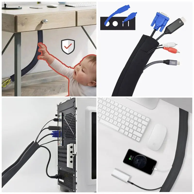 50cm Black Cable Organizer Zipper Type TV Computer Cable Sleeve Insulated Protective Office Cable Hidden Storage Management Leedoar