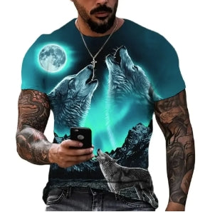 Camiseta masculina de lobo 2023, estampa animal, manga curta, camiseta casual 3D, camiseta masculina de rua, camiseta grande, roupa vintage masculina 