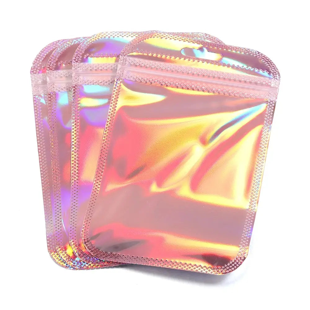 50 peças 8,5x13cm Sacola com zíper rosa engrossar transparente laser saco plástico bolsas de vedação para exibição de joias unhas cosméticos embalagens 