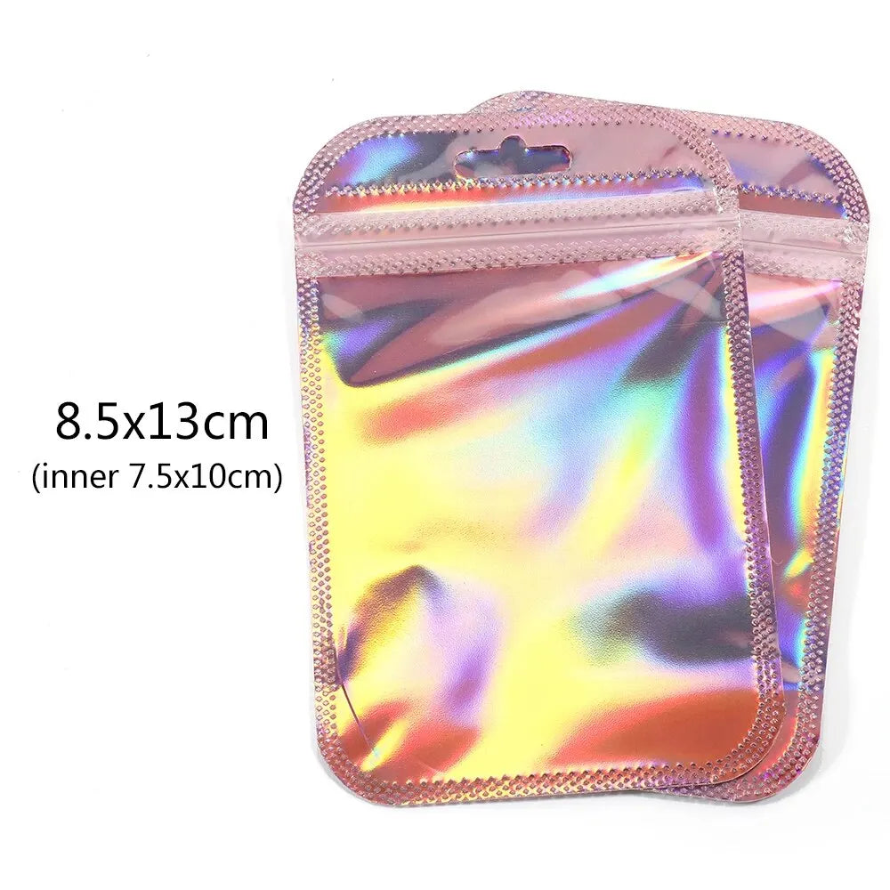 50 peças 8,5x13cm Sacola com zíper rosa engrossar transparente laser saco plástico bolsas de vedação para exibição de joias unhas cosméticos embalagens 