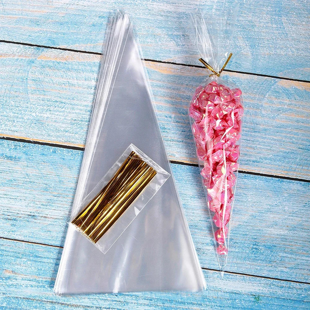 50pcs Candy Bags Cellophane Popcorn Bags Cone Cookies Storage Bags with Gold Twist Ties Wedding Birthday Party Favors Leedoar