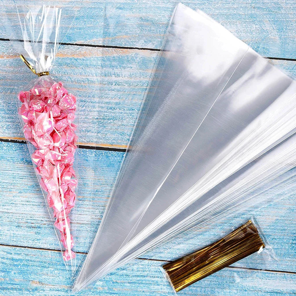 50pcs Candy Bags Cellophane Popcorn Bags Cone Cookies Storage Bags with Gold Twist Ties Wedding Birthday Party Favors Leedoar