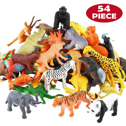 54 Pcs Mini Jungle Animal Toys Set  Realistic Wild Plastic Animals Learning Toys Elephant Gazelle Giraffe Gnu Gorilla Lion Tiger Leedoar