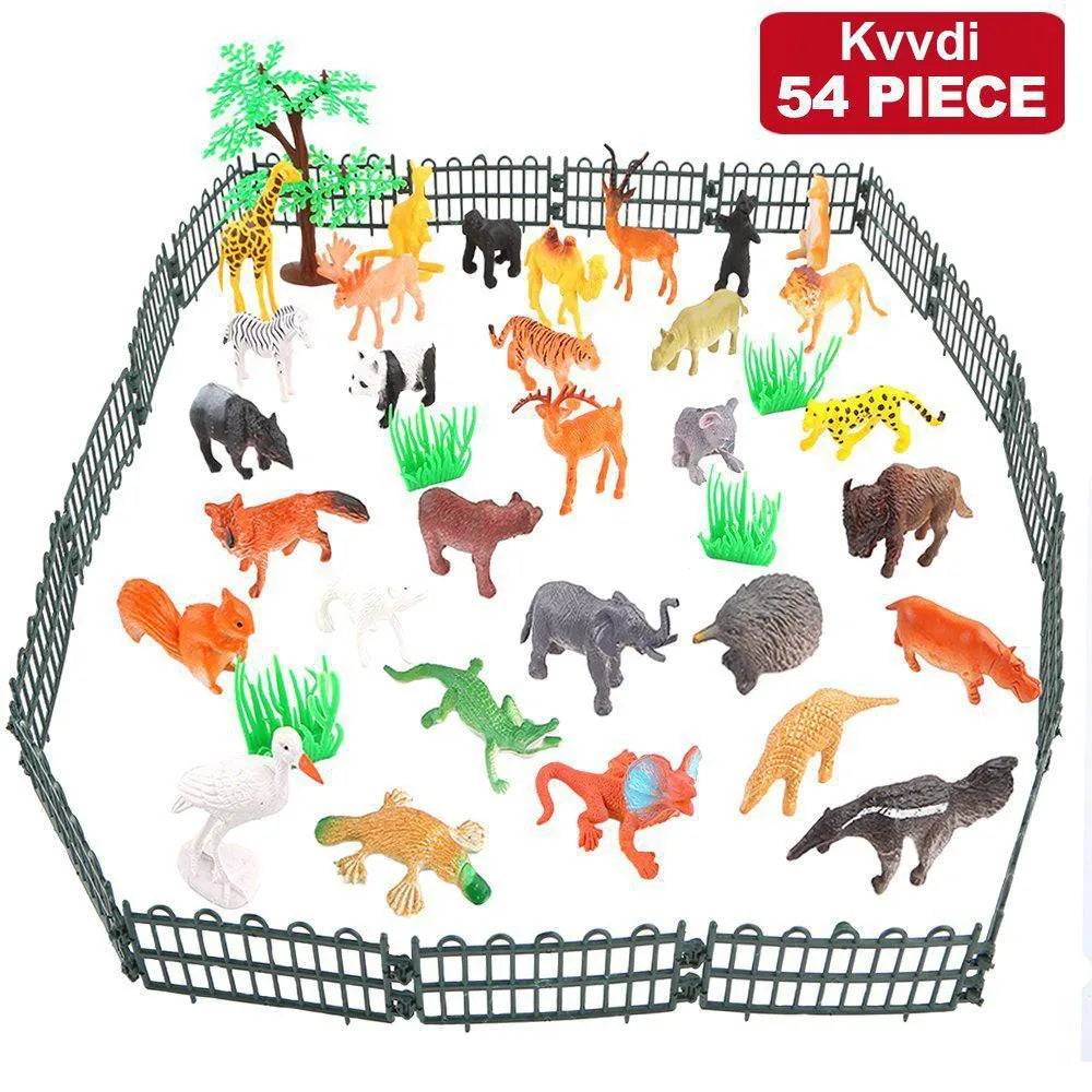 54 Pcs Mini Jungle Animal Toys Set  Realistic Wild Plastic Animals Learning Toys Elephant Gazelle Giraffe Gnu Gorilla Lion Tiger Leedoar