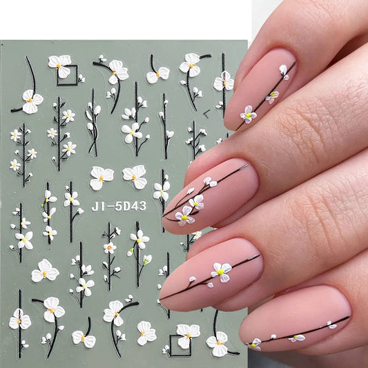 5D Flowers Nail Stickers Embossed Decals Simple Acrylic White Petal Golden Stripe Lines Art Manicure Decoration LEBJI-5D43 Leedoar