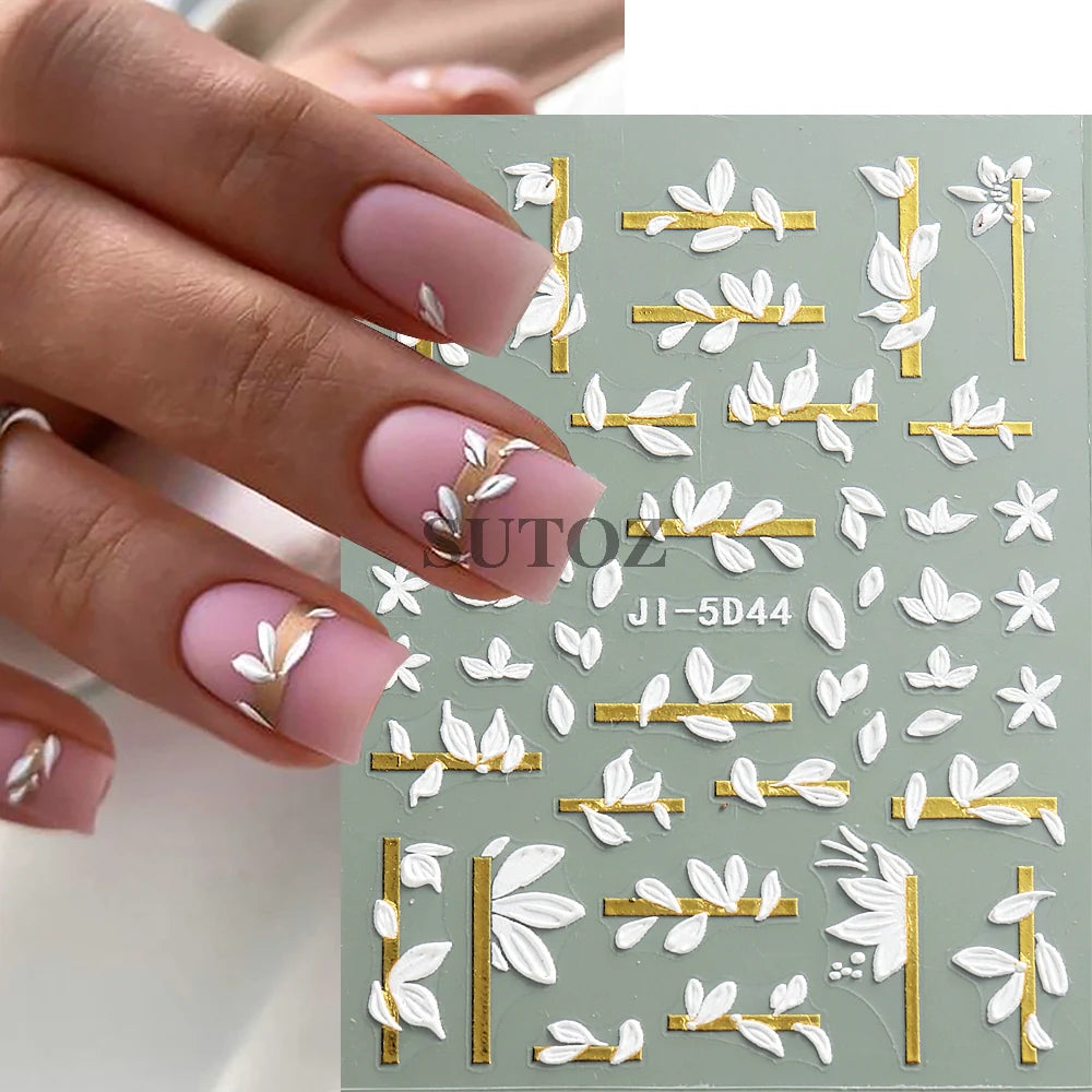 5D Flowers Nail Stickers Embossed Decals Simple Acrylic White Petal Golden Stripe Lines Art Manicure Decoration LEBJI-5D43 Leedoar