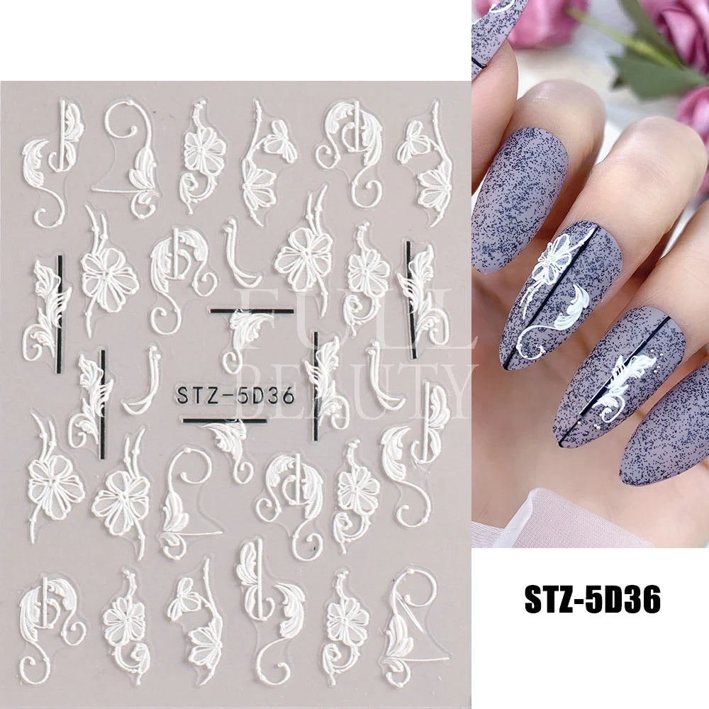 5D Flowers Nail Stickers Embossed Decals Simple Acrylic White Petal Golden Stripe Lines Art Manicure Decoration LEBJI-5D43 Leedoar