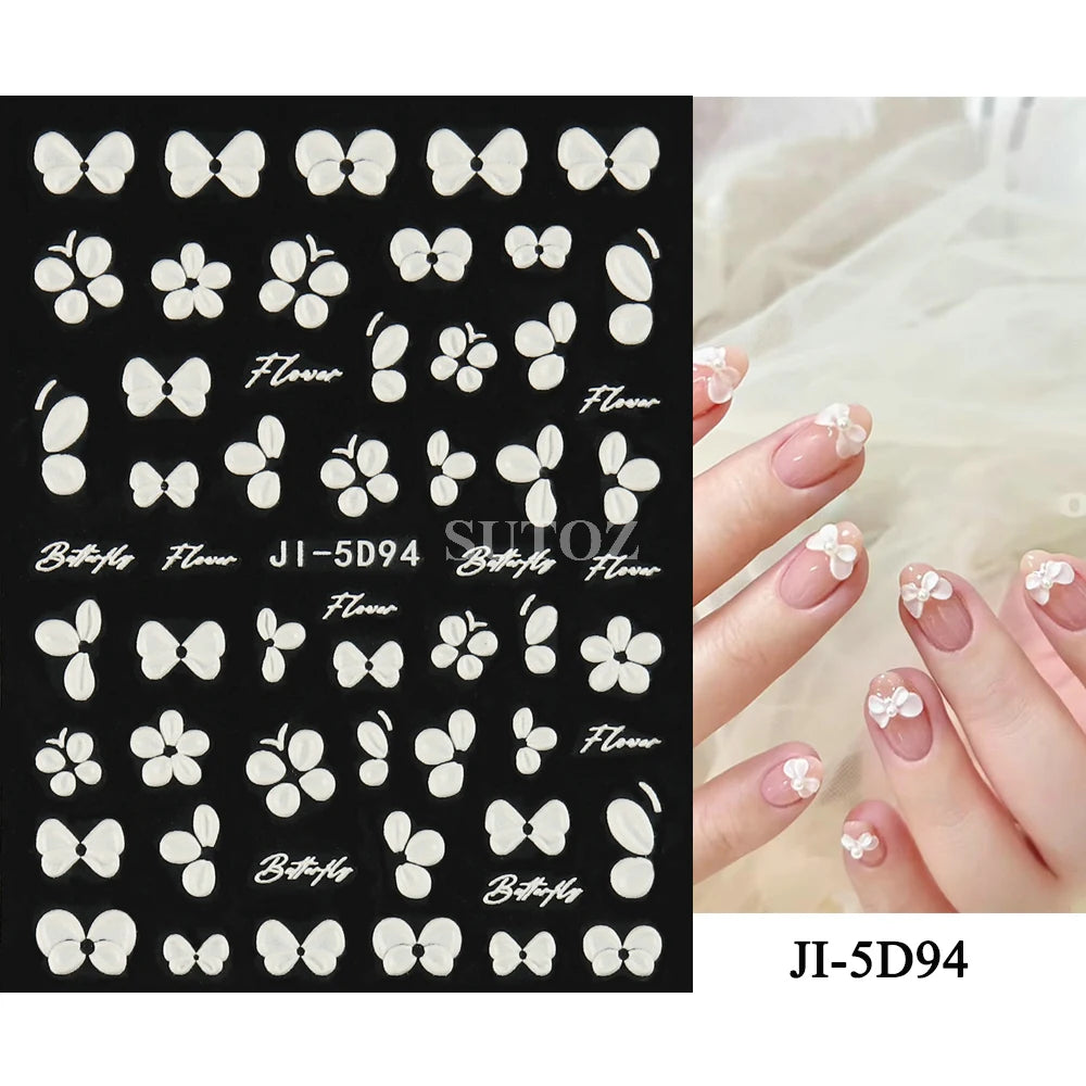 5D Flowers Nail Stickers Embossed Decals Simple Acrylic White Petal Golden Stripe Lines Art Manicure Decoration LEBJI-5D43 Leedoar