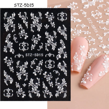 5D Flowers Nail Stickers Embossed Decals Simple Acrylic White Petal Golden Stripe Lines Art Manicure Decoration LEBJI-5D43 Leedoar