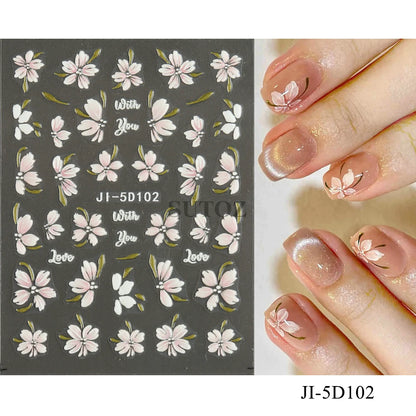 5D Flowers Nail Stickers Embossed Decals Simple Acrylic White Petal Golden Stripe Lines Art Manicure Decoration LEBJI-5D43 Leedoar