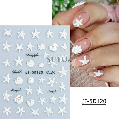 5D Flowers Nail Stickers Embossed Decals Simple Acrylic White Petal Golden Stripe Lines Art Manicure Decoration LEBJI-5D43 Leedoar