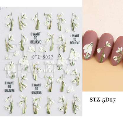 5D Flowers Nail Stickers Embossed Decals Simple Acrylic White Petal Golden Stripe Lines Art Manicure Decoration LEBJI-5D43 Leedoar