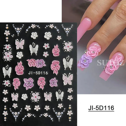 5D Flowers Nail Stickers Embossed Decals Simple Acrylic White Petal Golden Stripe Lines Art Manicure Decoration LEBJI-5D43 Leedoar