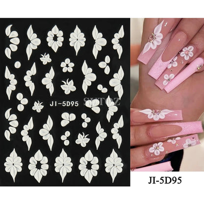 5D Flowers Nail Stickers Embossed Decals Simple Acrylic White Petal Golden Stripe Lines Art Manicure Decoration LEBJI-5D43 Leedoar