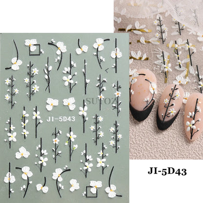 5D Flowers Nail Stickers Embossed Decals Simple Acrylic White Petal Golden Stripe Lines Art Manicure Decoration LEBJI-5D43 Leedoar