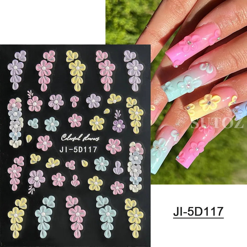 5D Flowers Nail Stickers Embossed Decals Simple Acrylic White Petal Golden Stripe Lines Art Manicure Decoration LEBJI-5D43 Leedoar