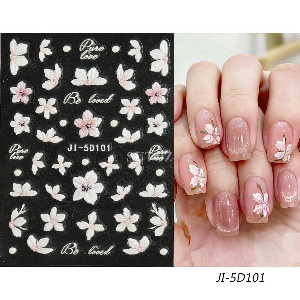 5D Flowers Nail Stickers Embossed Decals Simple Acrylic White Petal Golden Stripe Lines Art Manicure Decoration LEBJI-5D43 Leedoar