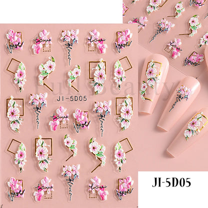 5D Flowers Nail Stickers Embossed Decals Simple Acrylic White Petal Golden Stripe Lines Art Manicure Decoration LEBJI-5D43 Leedoar