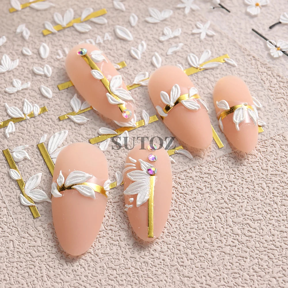 5D Flowers Nail Stickers Embossed Decals Simple Acrylic White Petal Golden Stripe Lines Art Manicure Decoration LEBJI-5D43 Leedoar