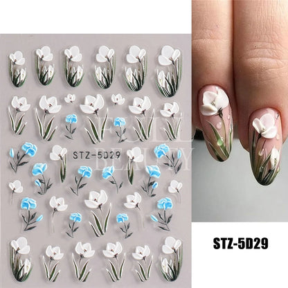 5D Flowers Nail Stickers Embossed Decals Simple Acrylic White Petal Golden Stripe Lines Art Manicure Decoration LEBJI-5D43 Leedoar