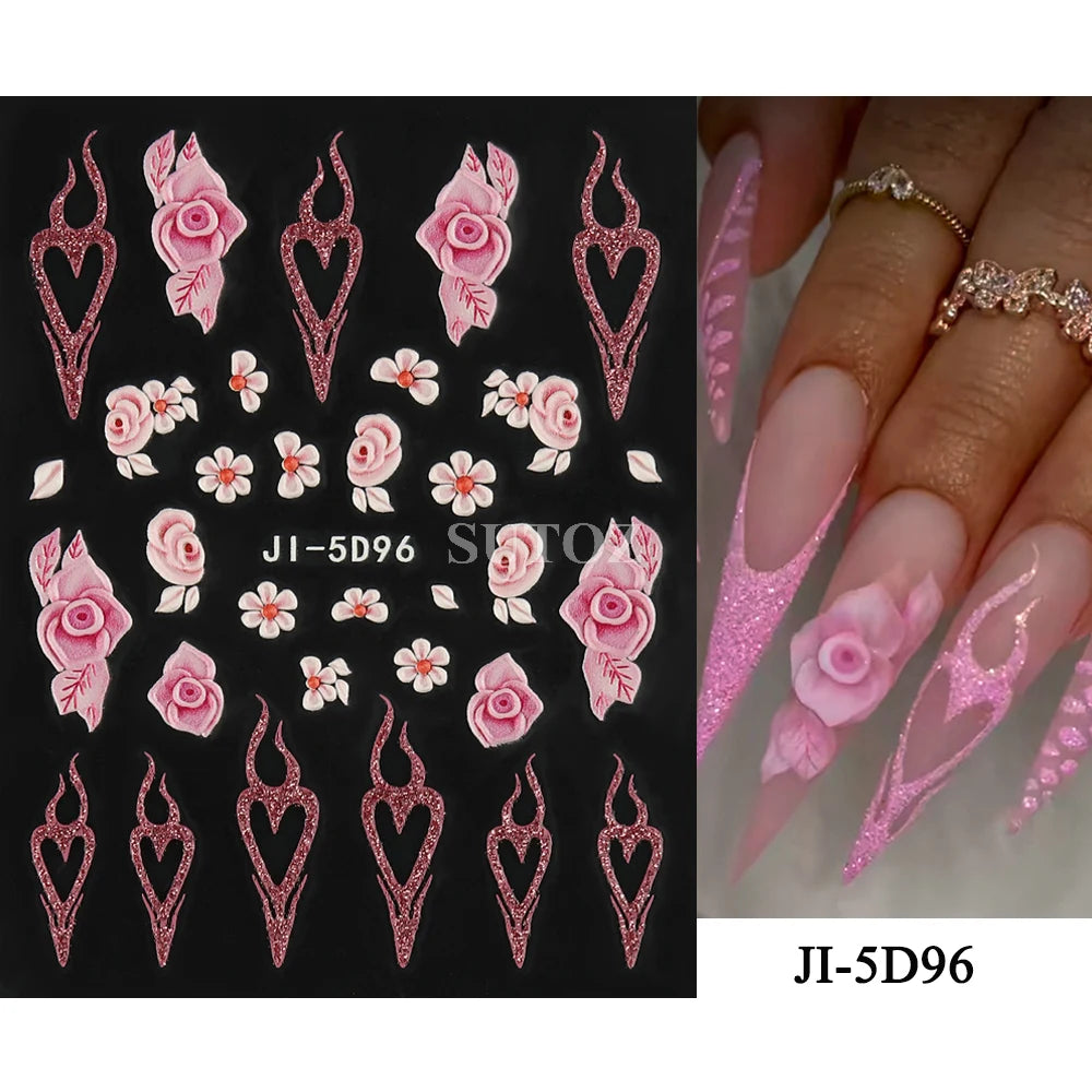 5D Flowers Nail Stickers Embossed Decals Simple Acrylic White Petal Golden Stripe Lines Art Manicure Decoration LEBJI-5D43 Leedoar