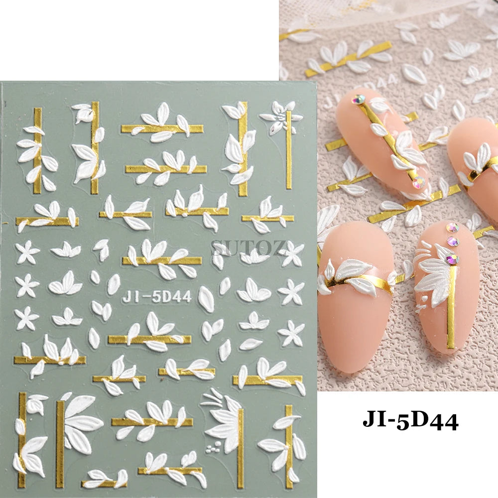 5D Flowers Nail Stickers Embossed Decals Simple Acrylic White Petal Golden Stripe Lines Art Manicure Decoration LEBJI-5D43 Leedoar