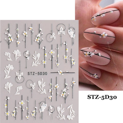 5D Flowers Nail Stickers Embossed Decals Simple Acrylic White Petal Golden Stripe Lines Art Manicure Decoration LEBJI-5D43 Leedoar