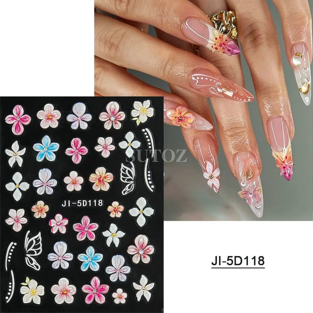 5D Flowers Nail Stickers Embossed Decals Simple Acrylic White Petal Golden Stripe Lines Art Manicure Decoration LEBJI-5D43 Leedoar